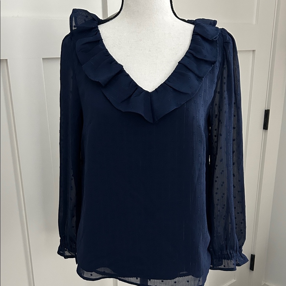 J. Crew Factory Navy Ruffle V-Neck Blouse